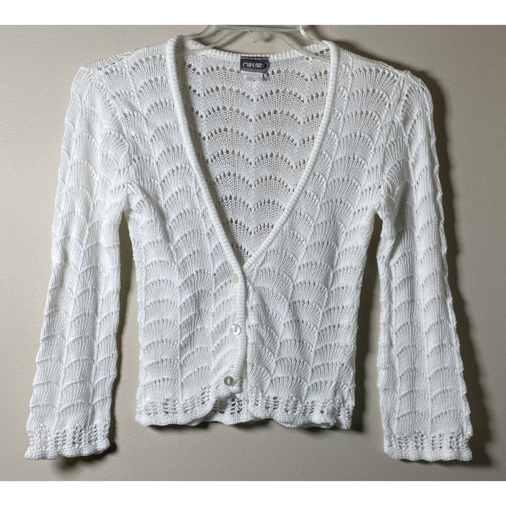 Rave Vintage Y2K White Long Sleeve Crochet Loose Knit Button Down Sweater Small